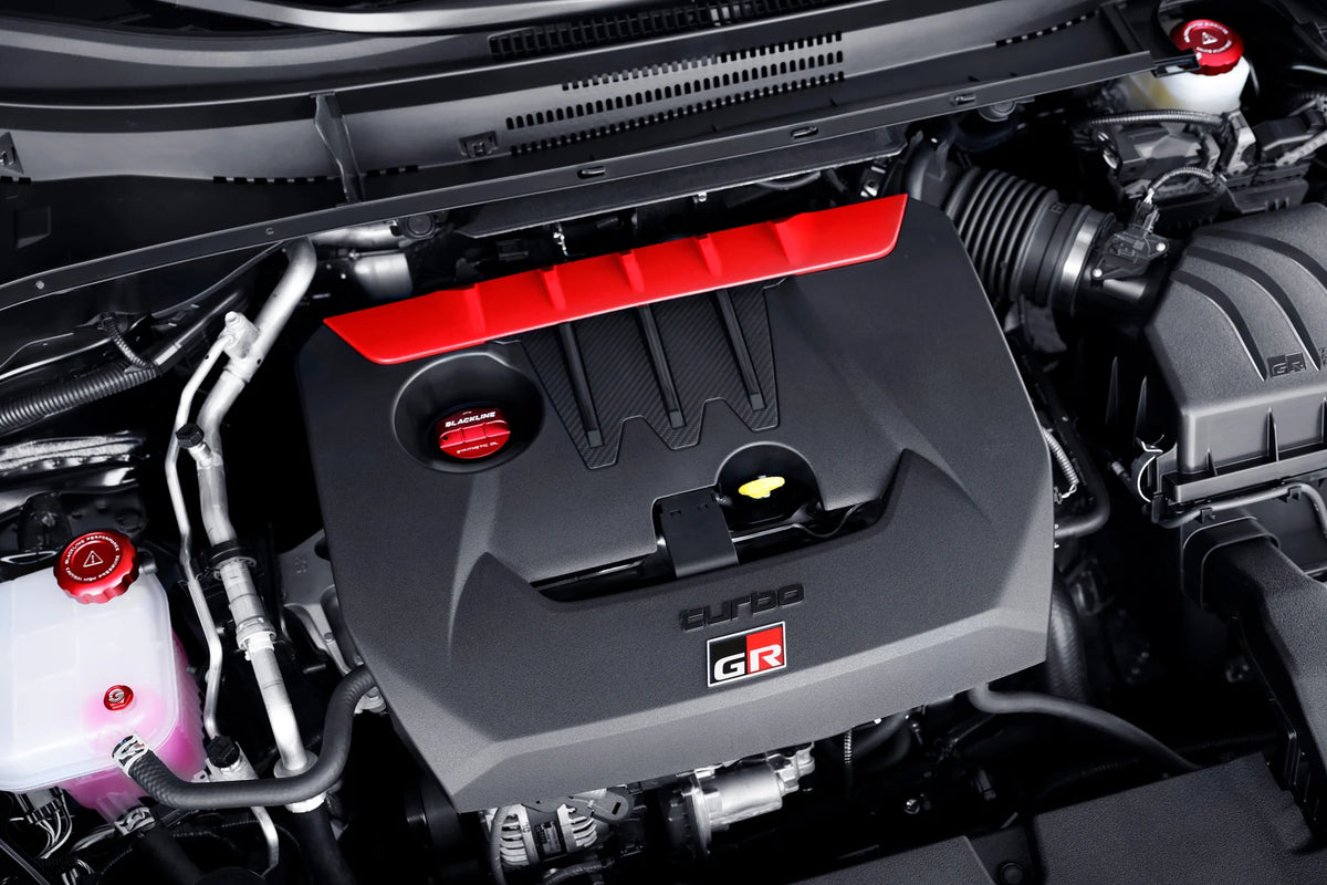 Toyota 2020+ G16E-GTS Engine – GR Corolla / GR Yaris – BLACKLINE Performance Cap Set (Oil Cap / Coolant Cap / Coolant Bleeder Screw / Brake Master Cylinder Cap / Fuel Cap)