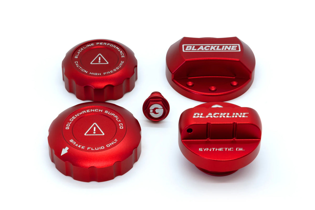 Toyota 2020+ G16E-GTS Engine – GR Corolla / GR Yaris – BLACKLINE Performance Cap Set (Oil Cap / Coolant Cap / Coolant Bleeder Screw / Brake Master Cylinder Cap / Fuel Cap) – product view 2