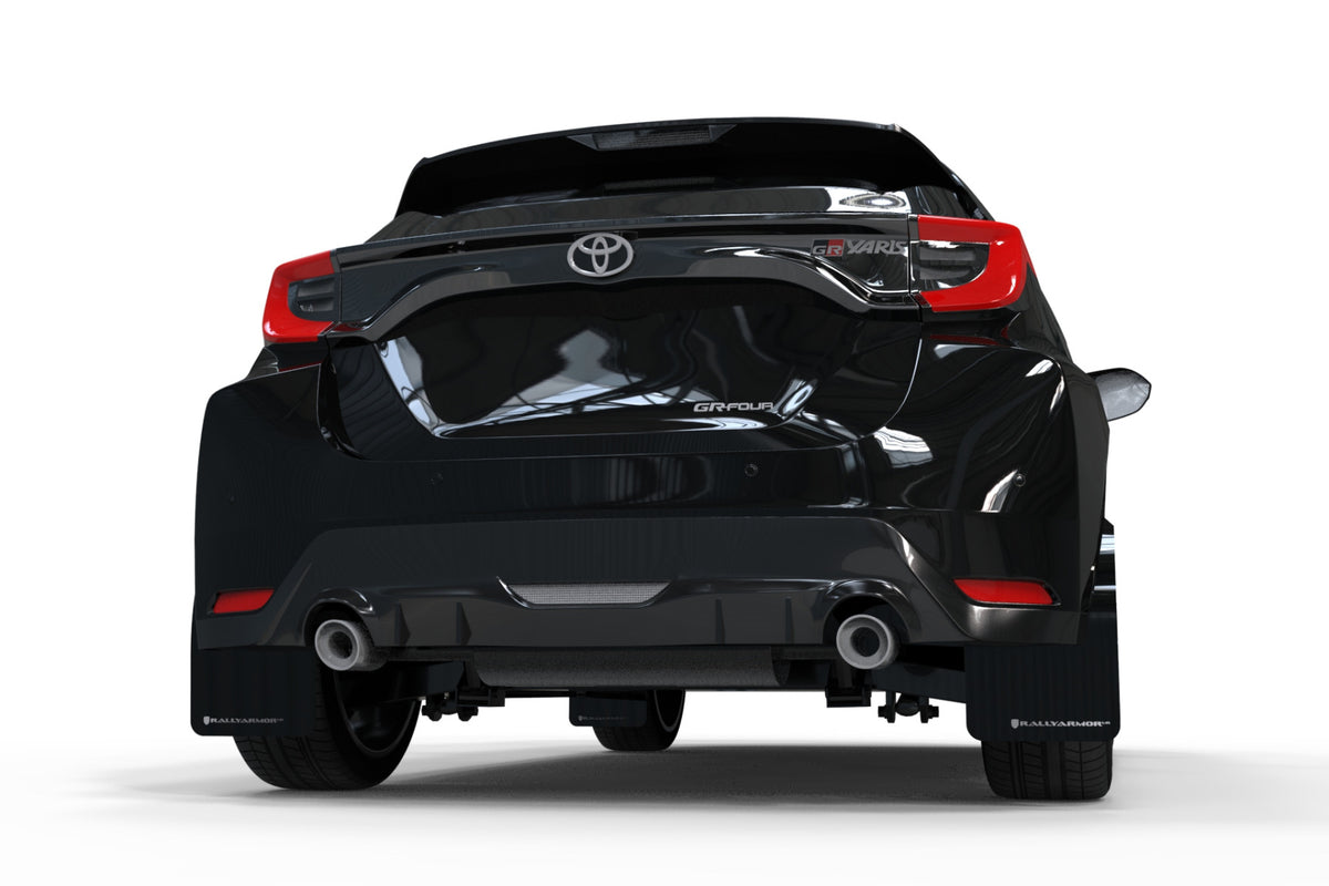 Rally Armor 2020-24 Toyota GR Yaris Hatch Black Mud Flap White Logo – product view 2