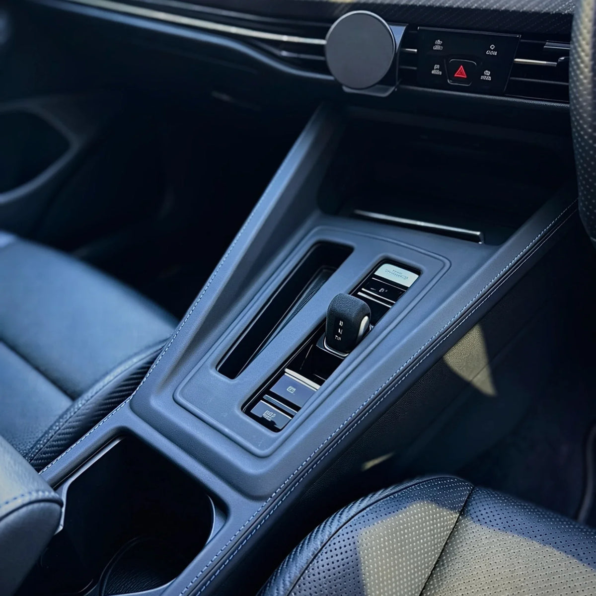 OMB Central Control Gear Shift Panel Cover – Leather Blue Stitch Plain
