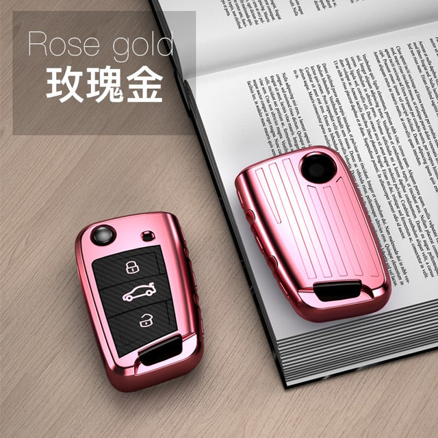 Volkswagon TPU carbon fiber key cover (B) - Rose gold