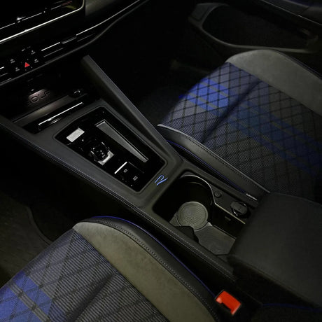 OMB Central Control Gear Shift Panel Cover – Leather Blue Stitch with R