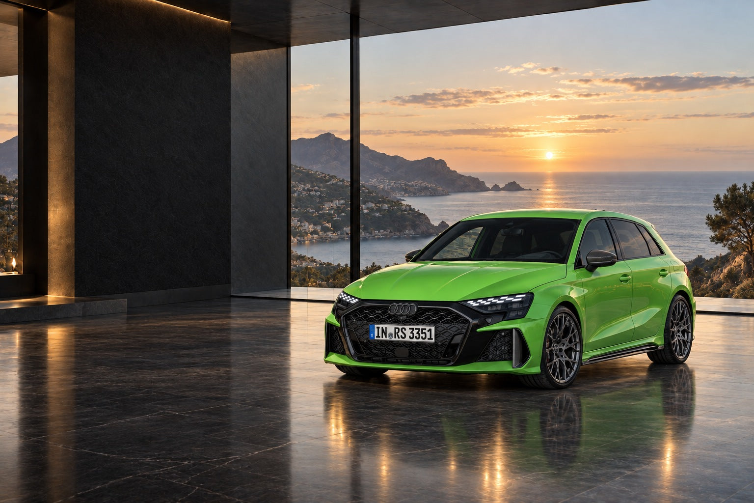 Green facelift Audi RS3 Sportback in a coastal showroom